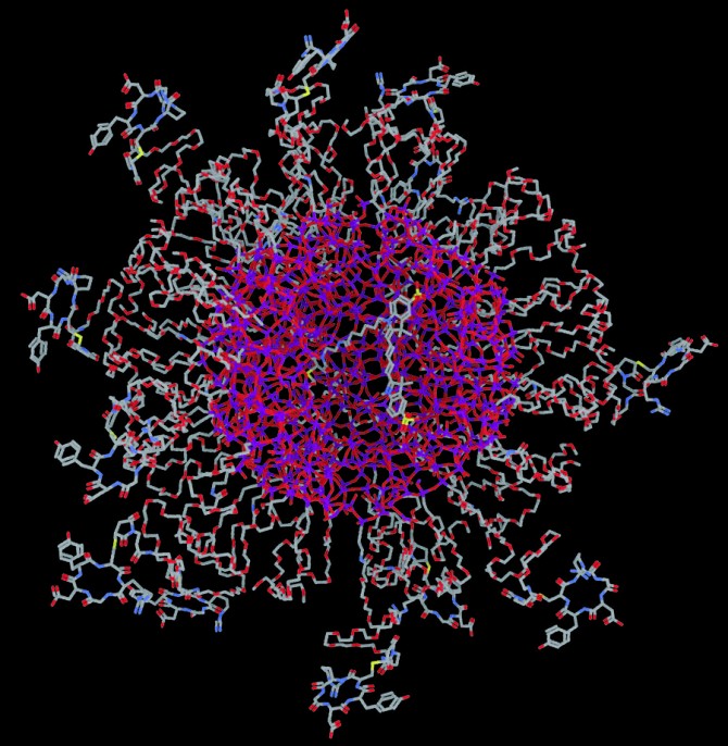 A rendering of the molecular structure of a Cornell dot, which is smaller than 10 nanometers.