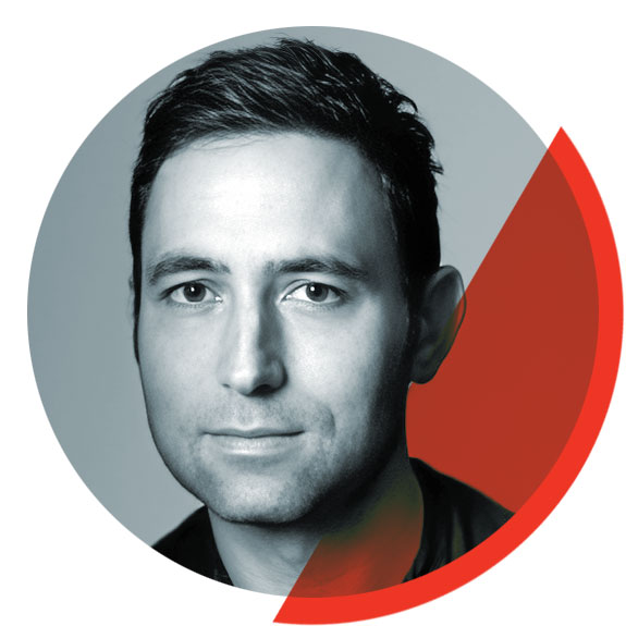 Black and white tone headshot of Scott Belsky inside of red enhanced graphic circle