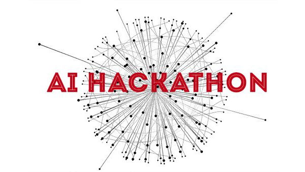 AI Hackathon in red with black needlepoint lines in a globe in the background