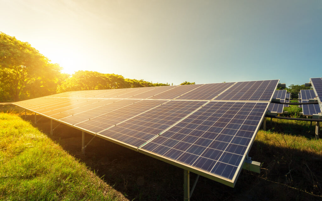 Solar panel on sky sunset background