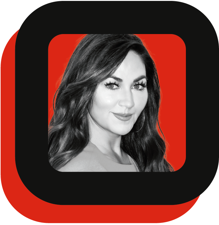 Black and white photo of a woman with a red and black square frame.