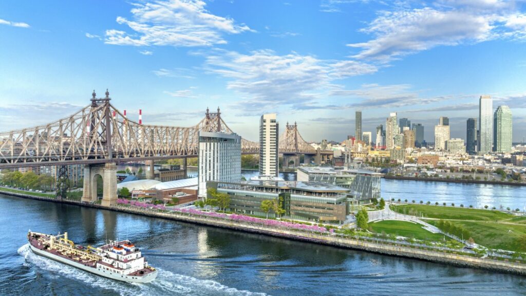 cityscape skyline with ship in water