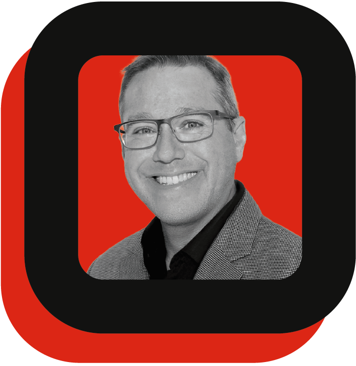 Black and white image of a man with a red and black square frame