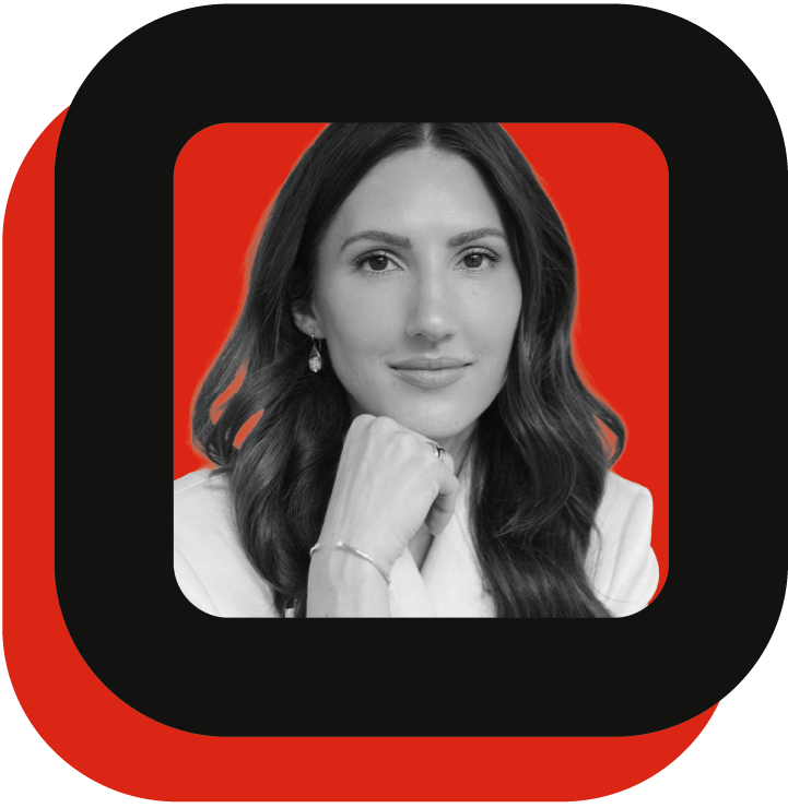 Black and white photo of a woman with a black and red frame.