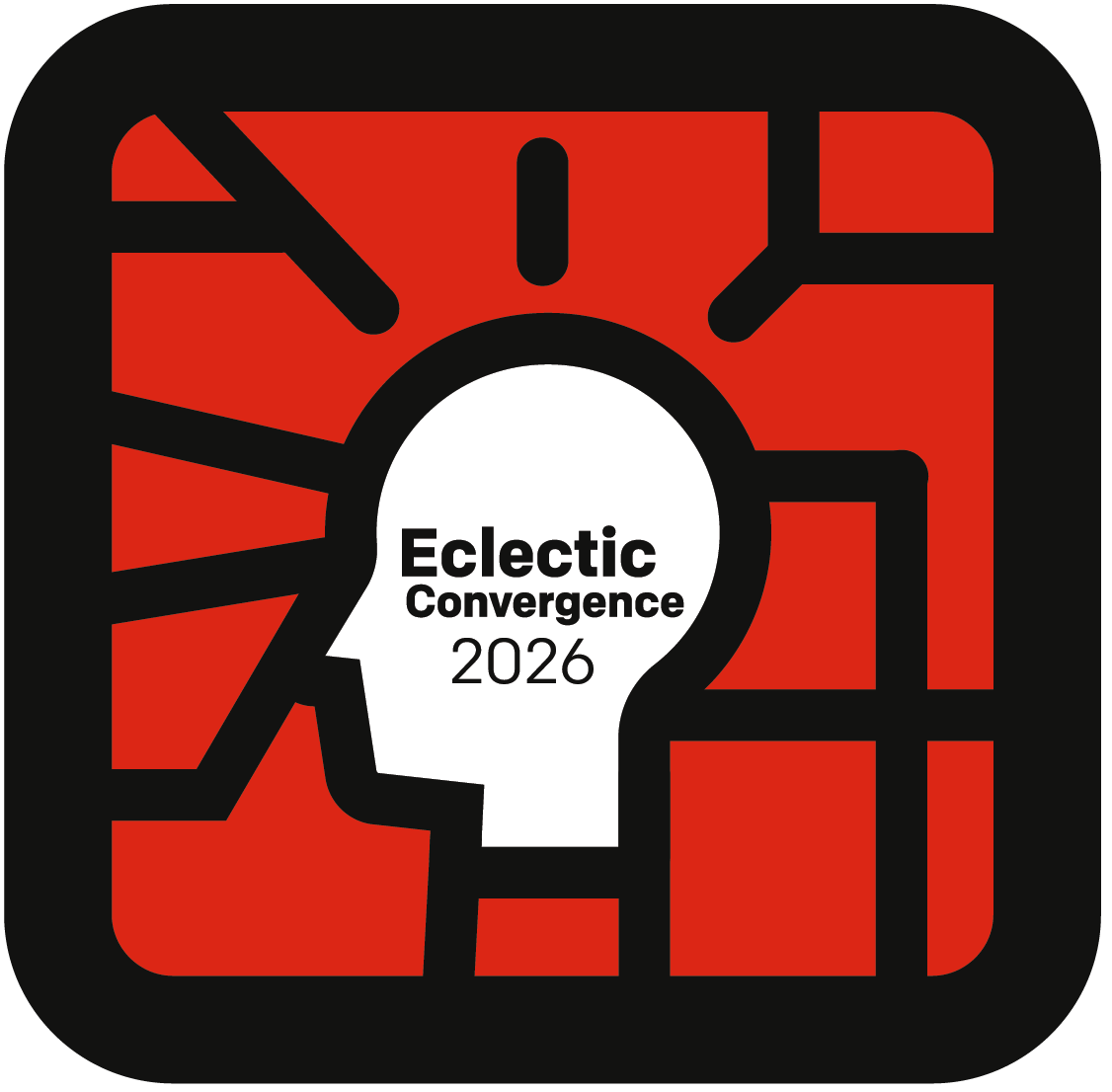 Eclectic Convergence 2026 white head graphic with red background and black multi-directional lines