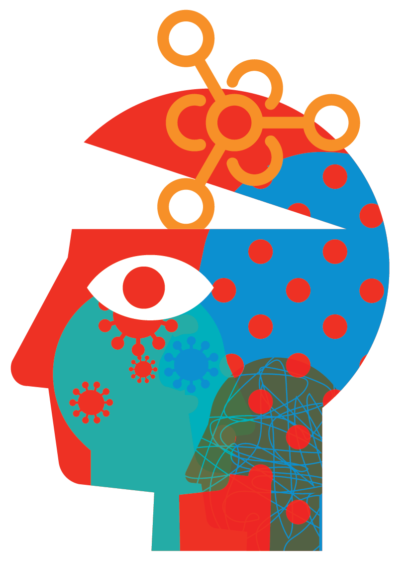 Multicolored head profile graphic with the top of the head opening and a networking icon