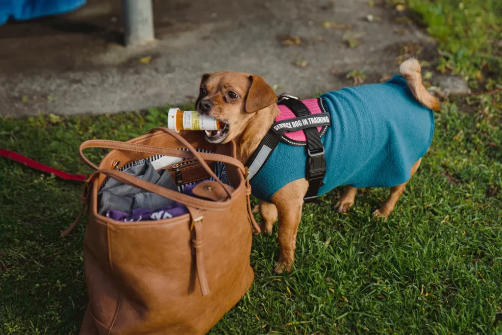 dog grabbing medicine out of handbag