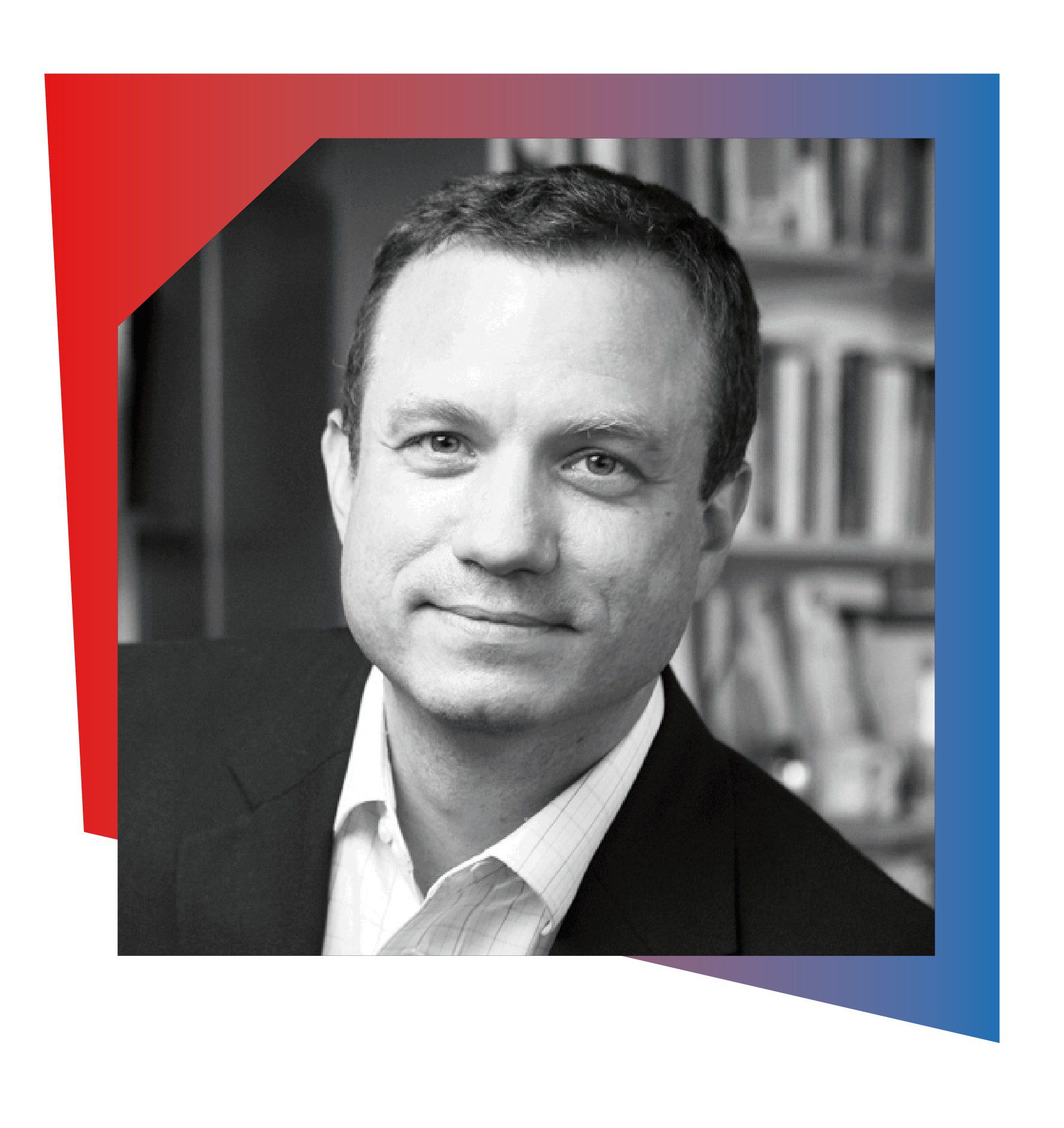 Iron-headshot Black and white image of man with red and blue graphic border