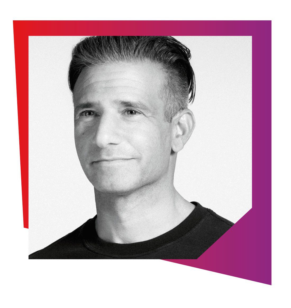 Iron themed image black and white photo of man with clicked back hair with purple and red graphic theme square