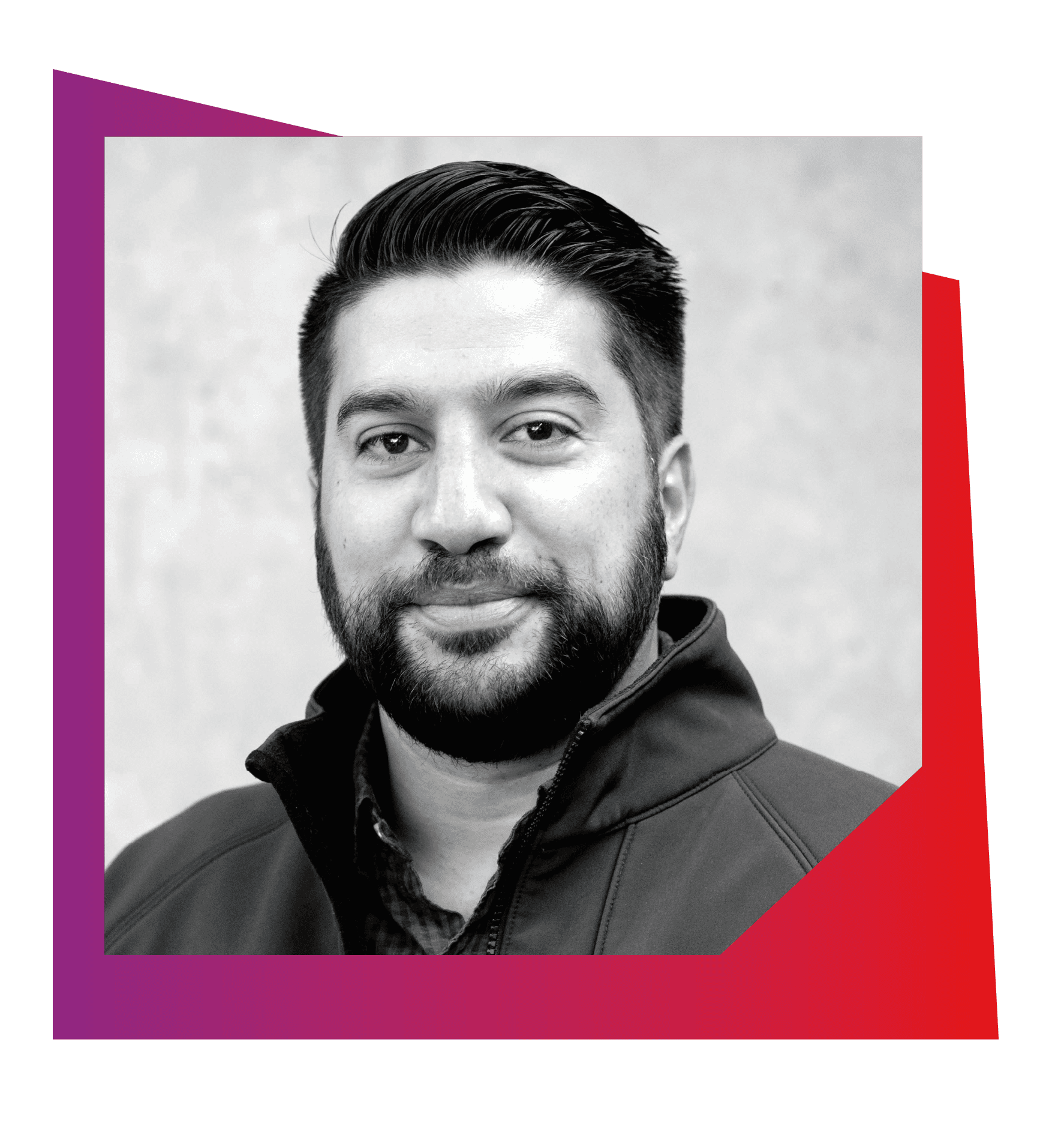 Javed Singha - Iron Headshot black and white image of a man with red and purple themed frame