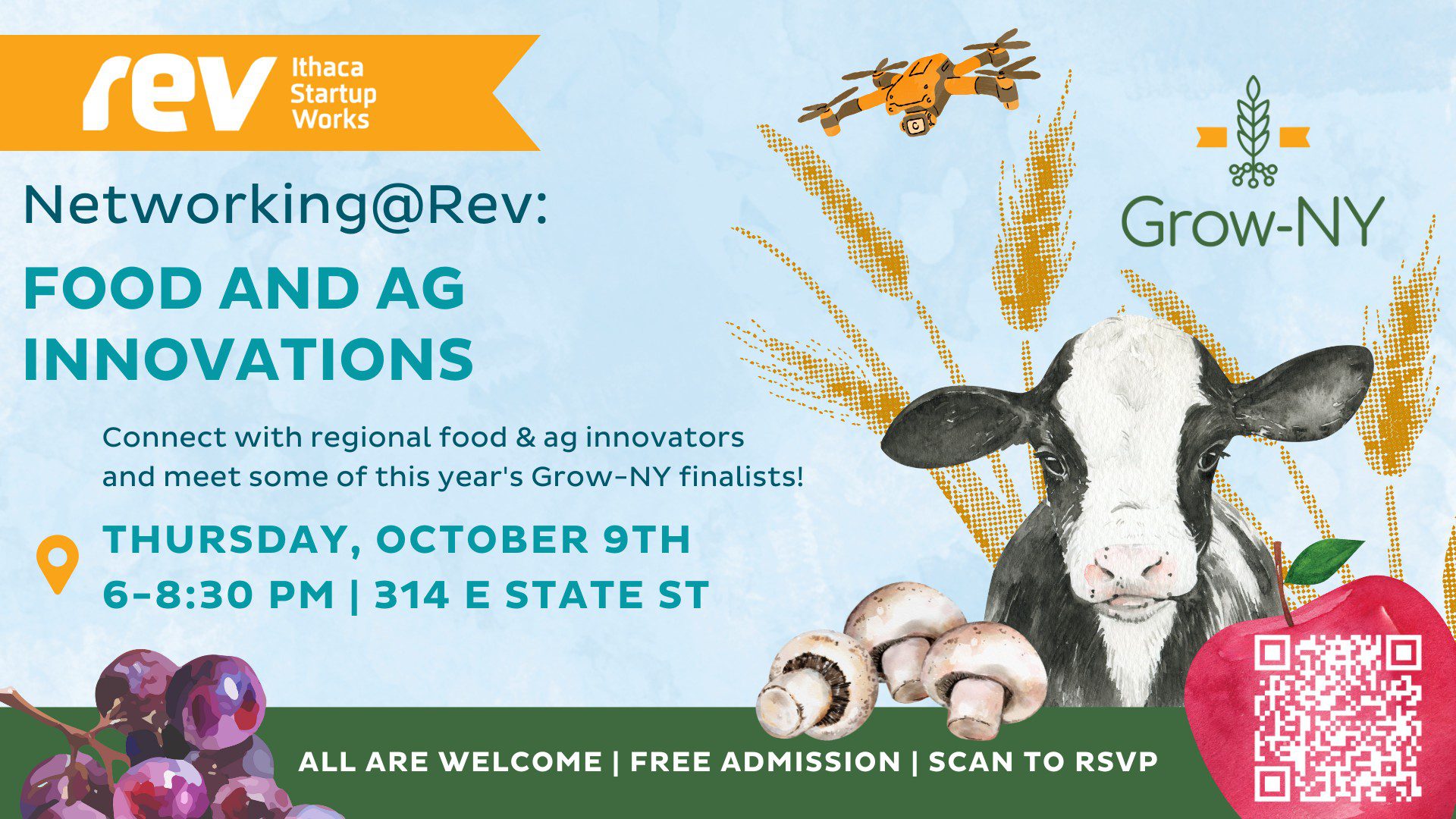Networking at Rev_ Food and Ag (QR)- Promo Networking at REV cartoon cow in lower right corner