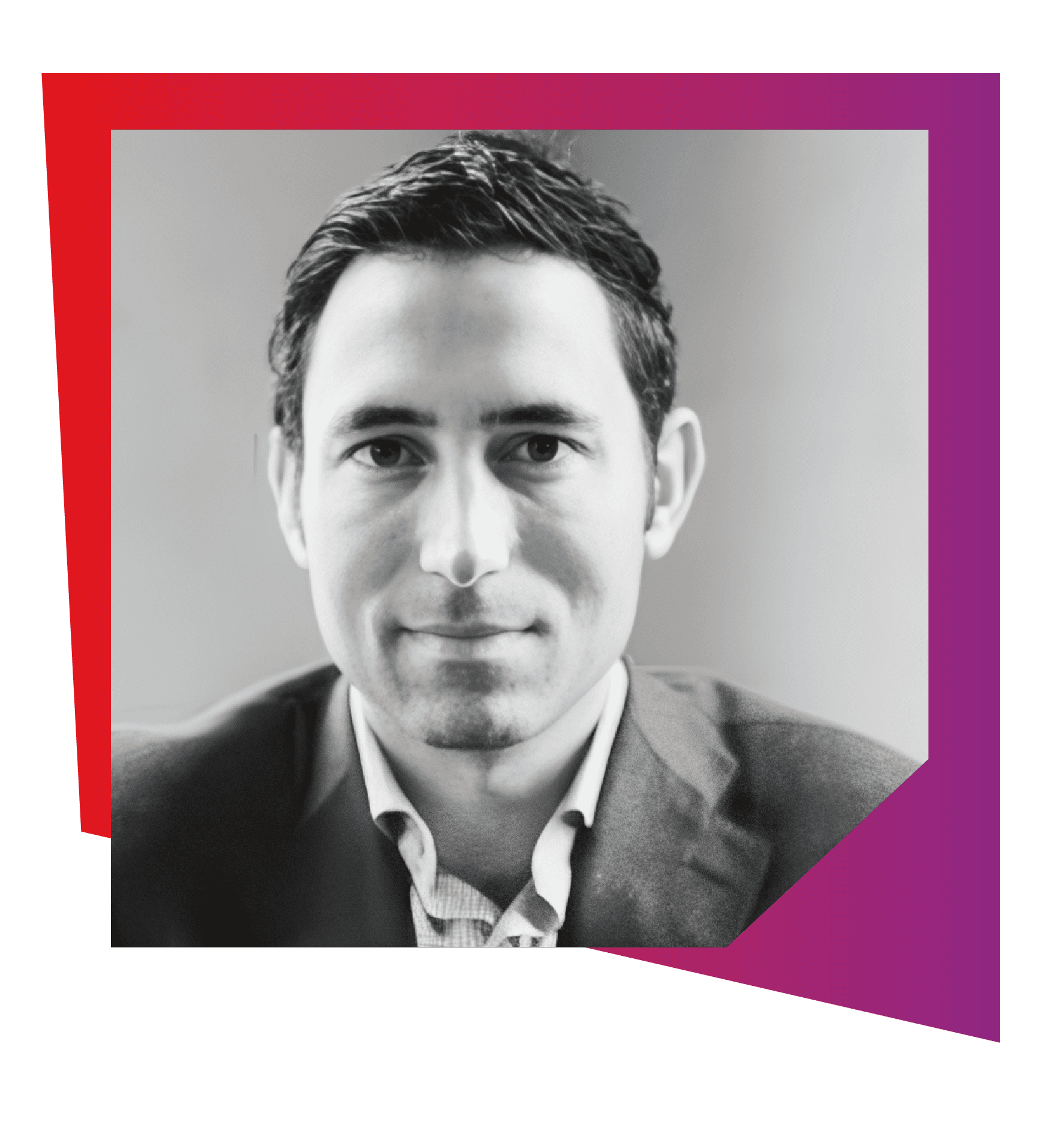 Scott Belsky - Iron Headshot black and white image of a man with a red and purple frame