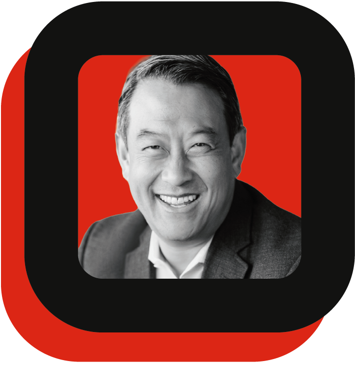 Black and white image of a man with a red and black square frame