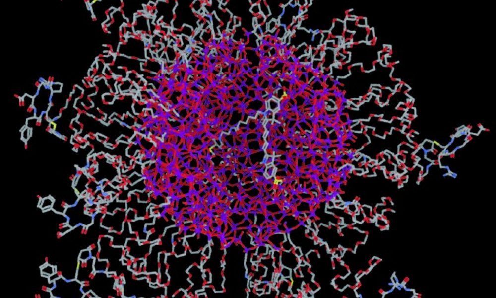 A rendering of the molecular structure of a Cornell dot, which is smaller than 10 nanometers.