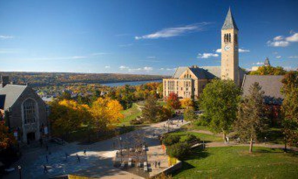 Scenic autumn view of Cornell campus displaying McGraw Tower.