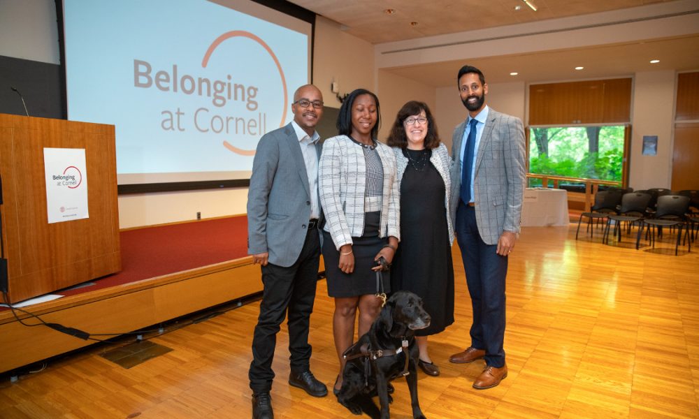 Cornell President Martha E. Pollack, second from right, at the Belonging at Cornell launch event with the Presidential Advisers on Diversity and Equity. From left, Avery August, vice provost for academic affairs; Angela Winfield, associate vice president for inclusion and workforce diversity; and Vijay Pendakur, dean of students.