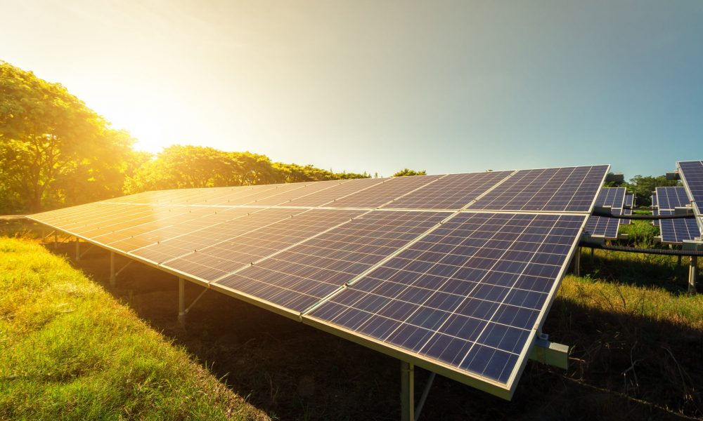 Solar panel on sky sunset background