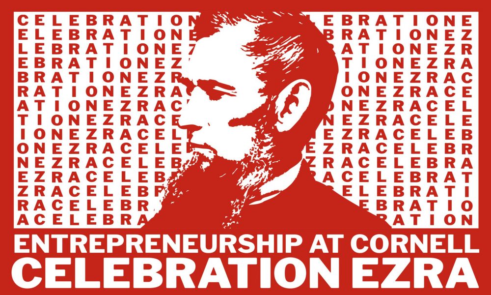Red and white crossword puzzle background and man with beard, Entrepreneurship at Cornell Celebration Ezra words across bottom