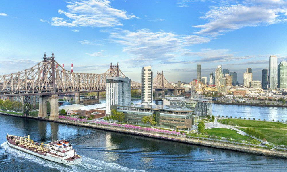 cityscape skyline with ship in water