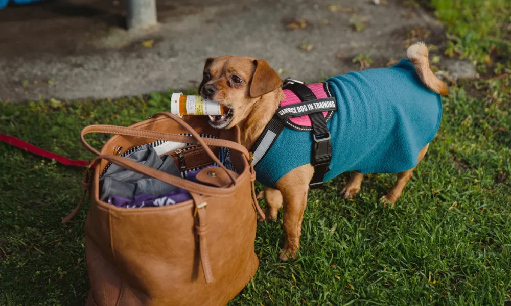 dog grabbing medicine out of handbag