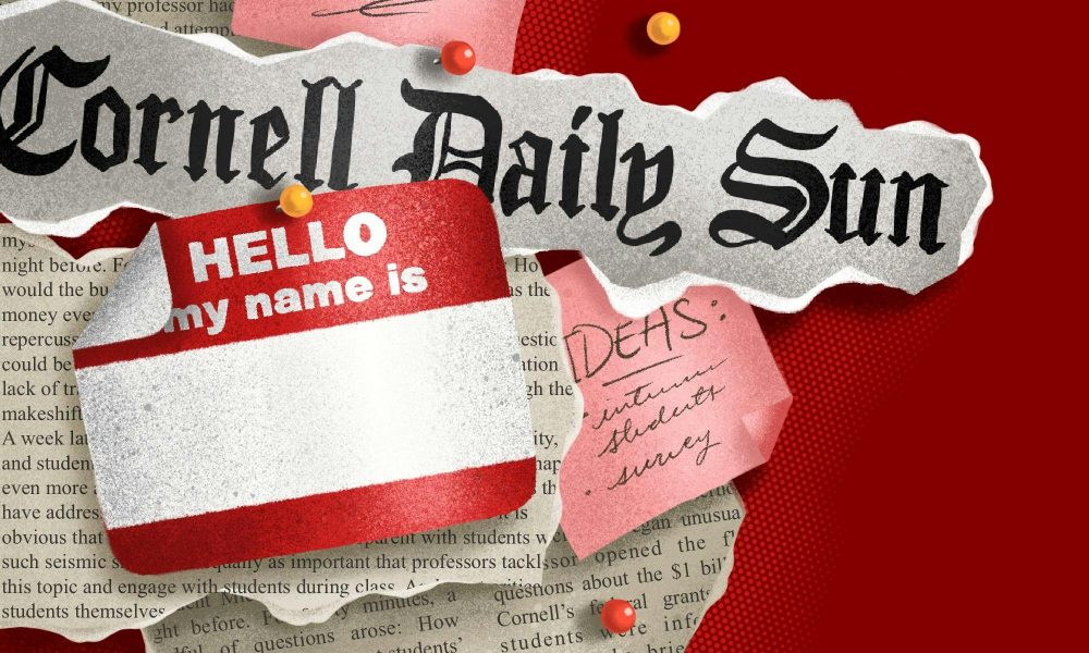 Collaged items bulletin board style, with a nametag and Cornell Daily Sun news clipping title at top