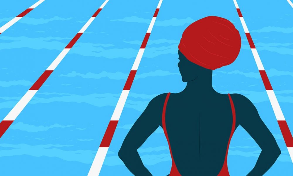 cartoon image of person of color standing in front of swimming pool with a red swimming cap on