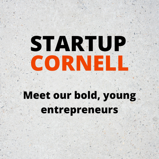 Startup in black bold letters Cornell in red bold letters on gray with black speckled background, Startup Cornell podcast logo