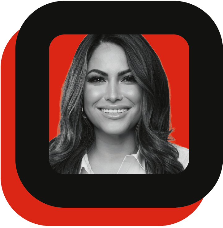 headshot - iron black and white image of a woman with red and black square frame