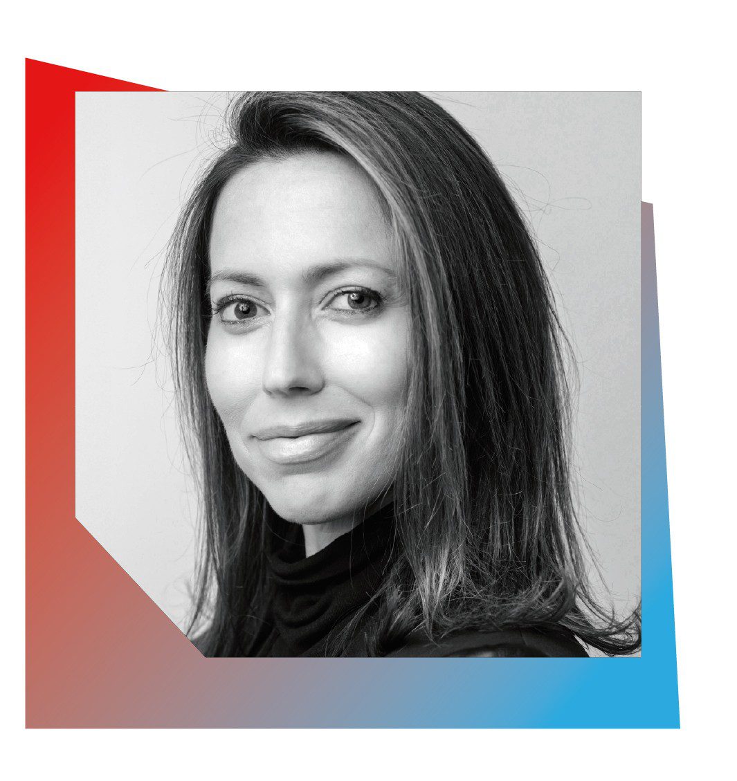 lauren - iron theme black and white image of woman, blue and red gradient themed square graphic around image