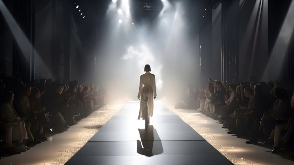 Woman walking down fashion runway in cream colored dress and lights shining down from above
