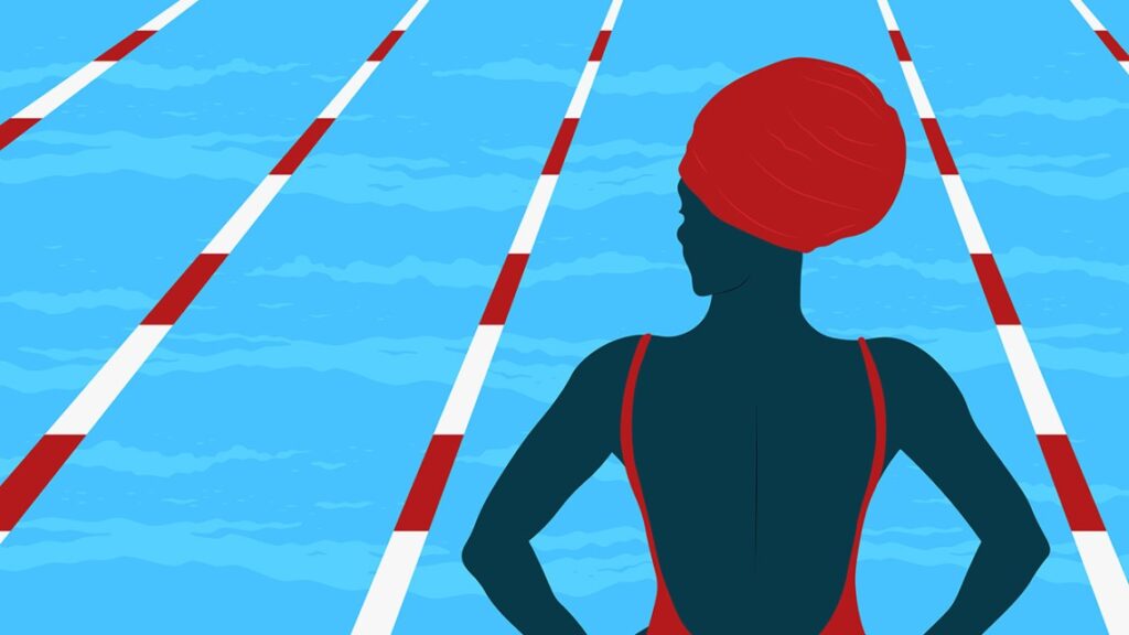 cartoon image of person of color standing in front of swimming pool with a red swimming cap on